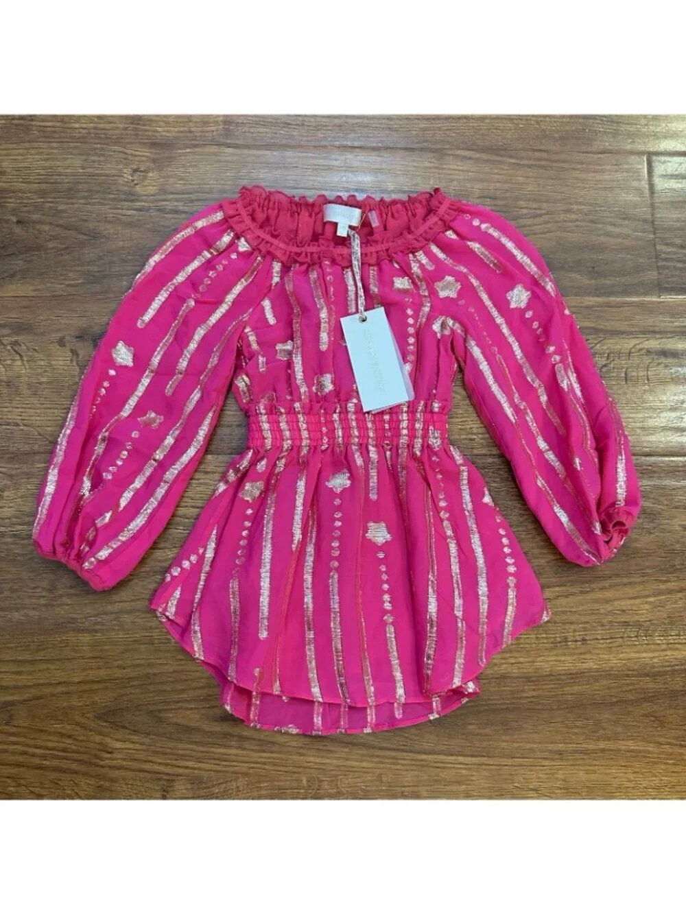 NWT LoveShackFancy Mini Popover Dress in Very Berry 3-4 Hot Pink Gold Metallic